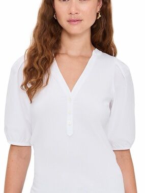 Madewell White V-Neck Puff-Sleeve Henley Top